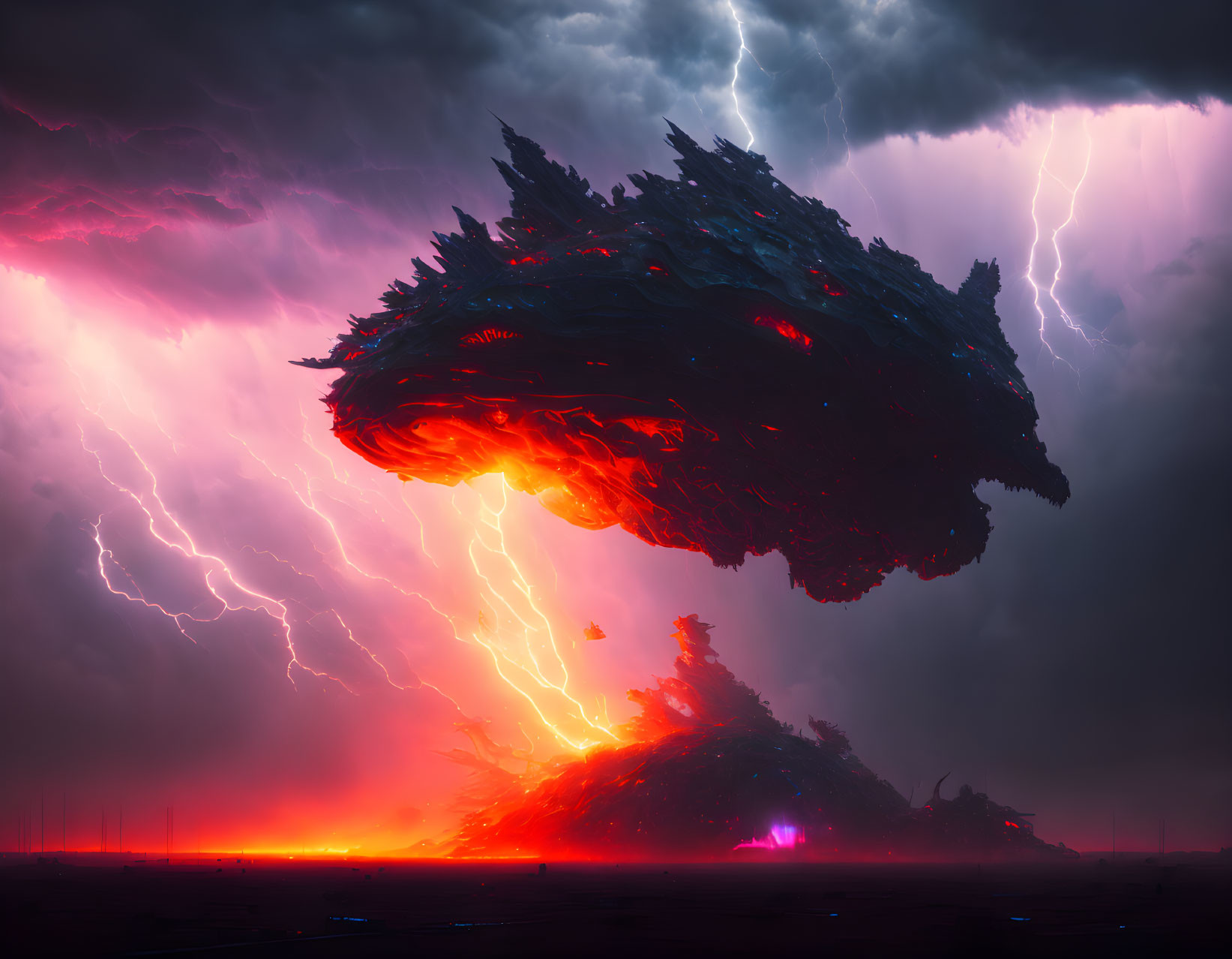 Majestic dragon-like creature in stormy sky with intense lightning and fiery landscape below