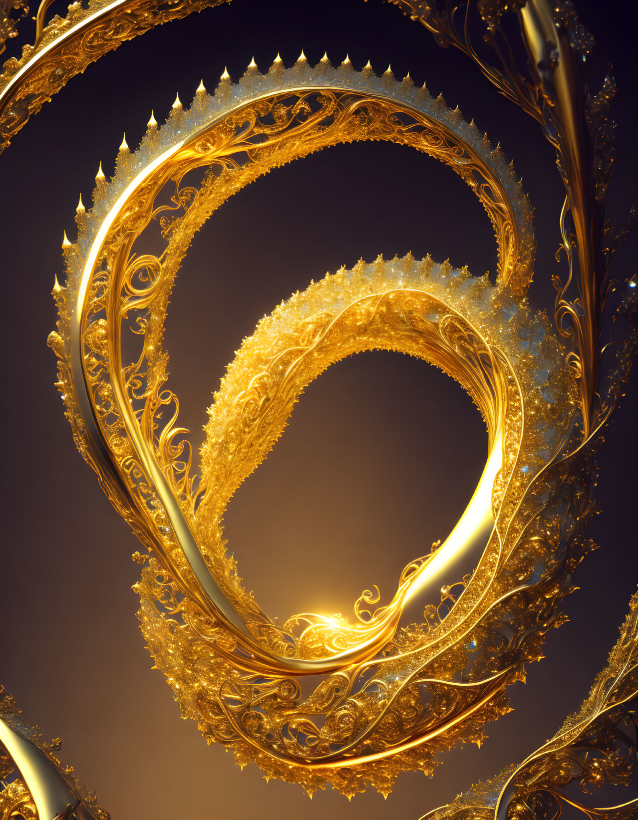 Golden Fractal Spiral with Filigree Patterns on Dark Background