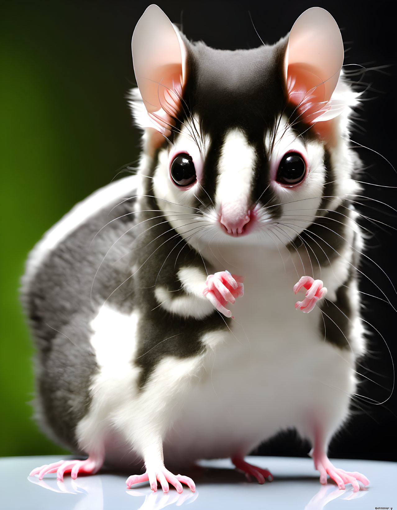 Illustration of animal with sugar glider body and mouse-like head, large eyes and prominent ears