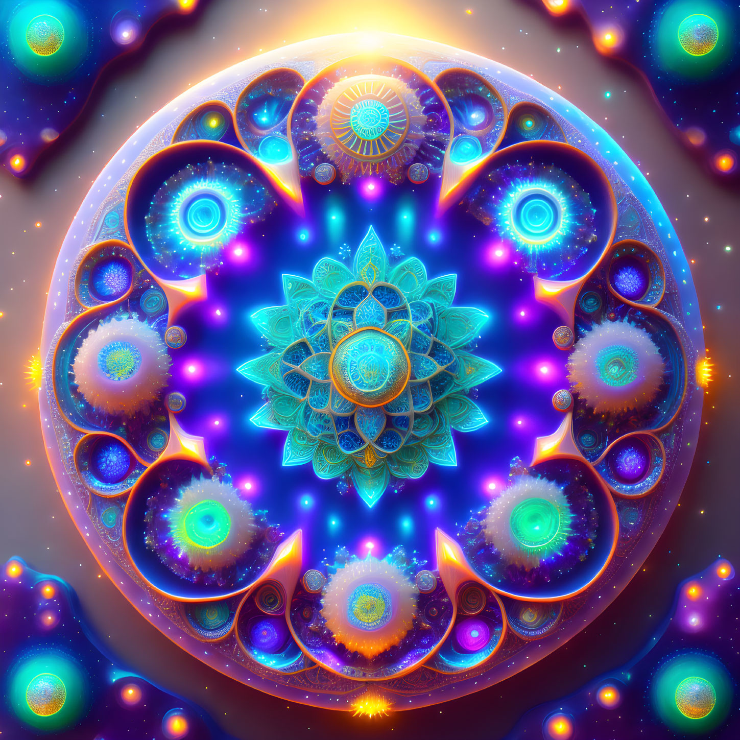 Colorful Fractal Mandala Image with Neon Blues, Purples, and Oranges