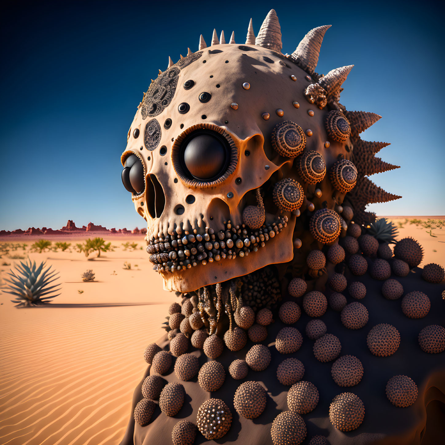 Metallic skull with gears and spikes in surreal desert setting