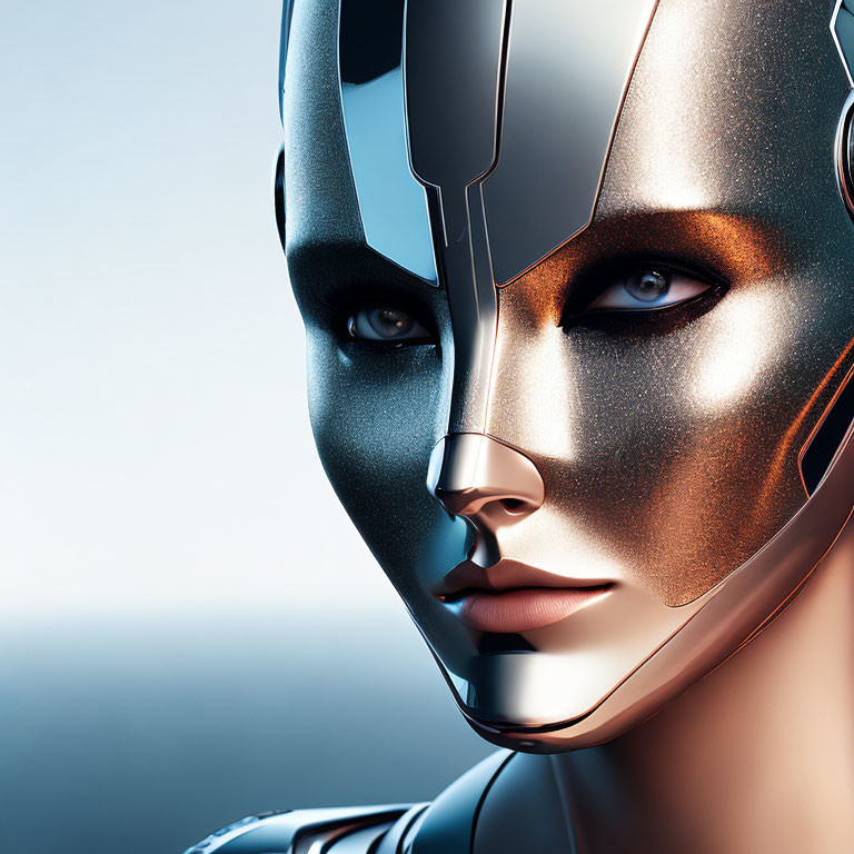 Detailed humanoid robot face with silver and gold metallic finish on soft blue background