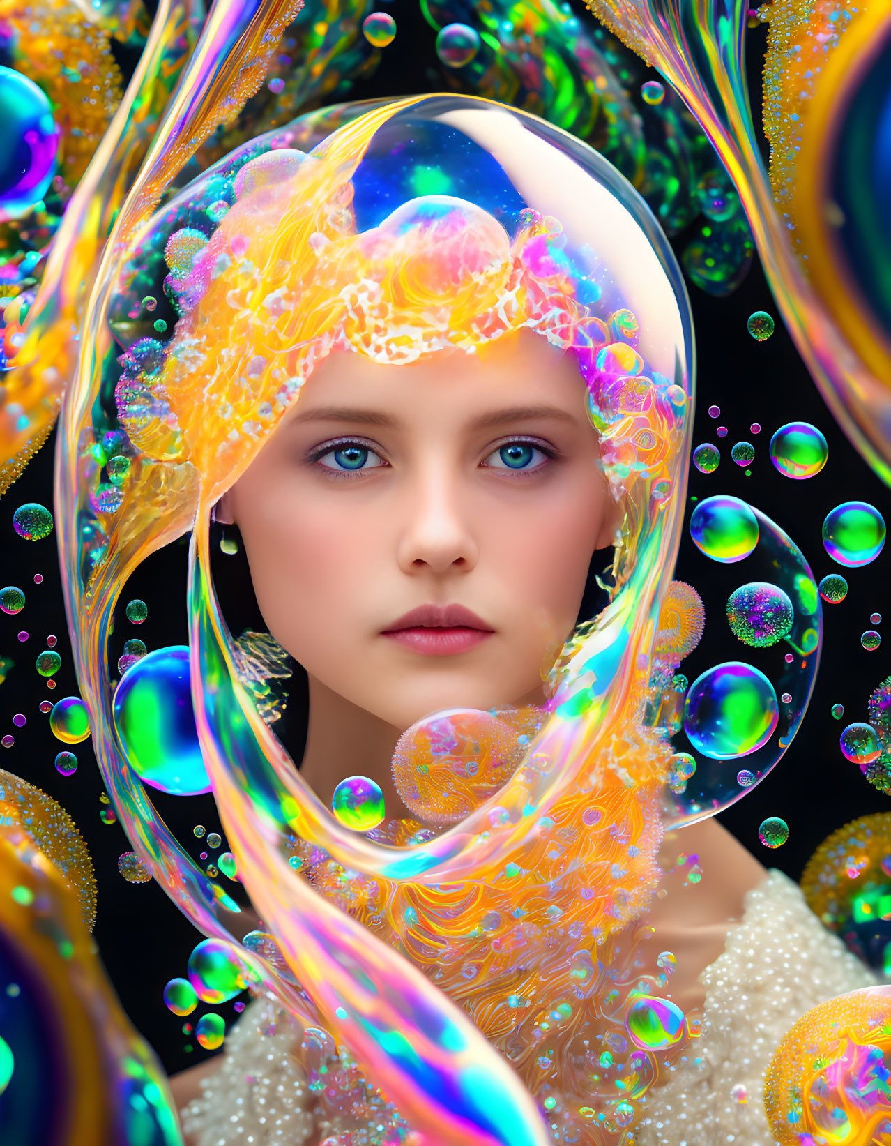 Vibrant surreal portrait with blue eyes and colorful bubbles on black background