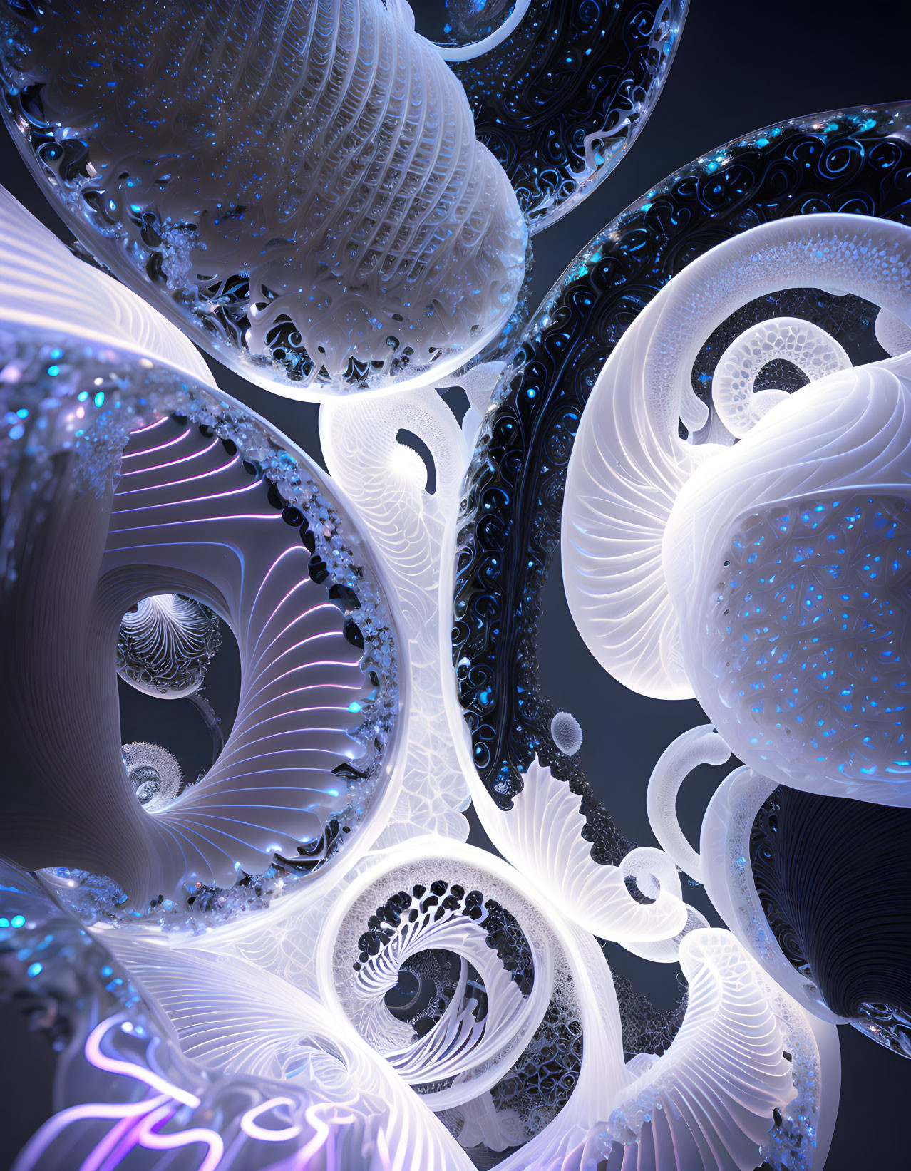 Intricate White and Blue Fractal Art with Spiral Patterns