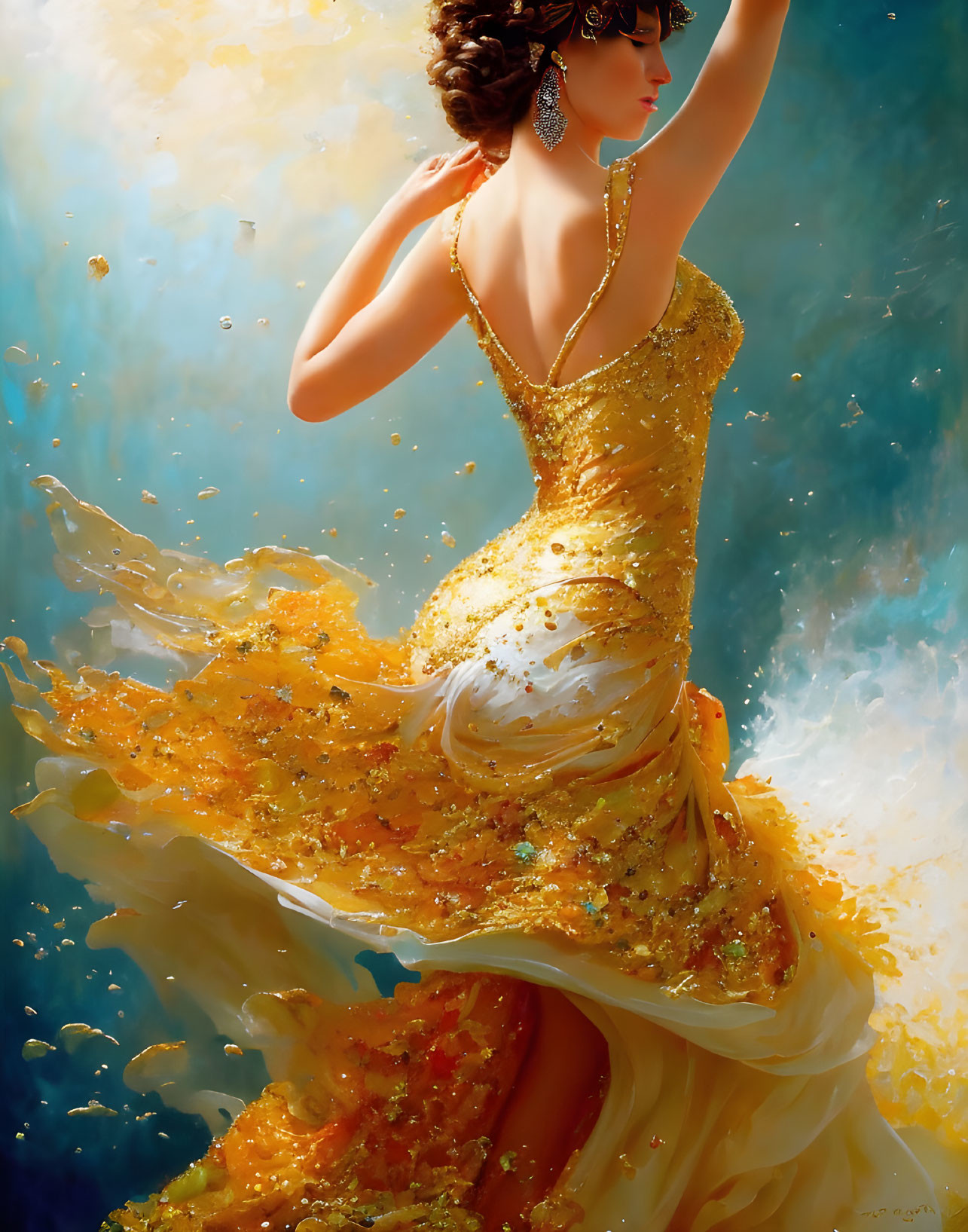 Elegant woman in golden gown dances in dreamy backdrop