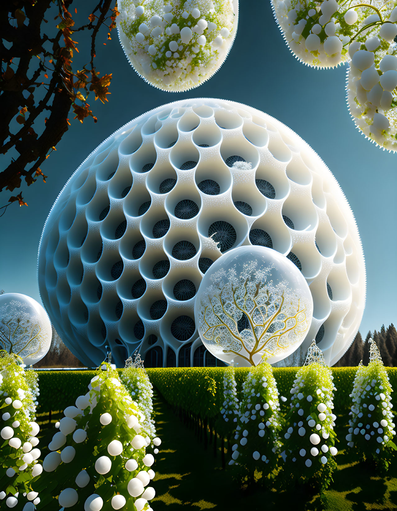 Surreal landscape with patterned spheres and tree motifs in vibrant green setting