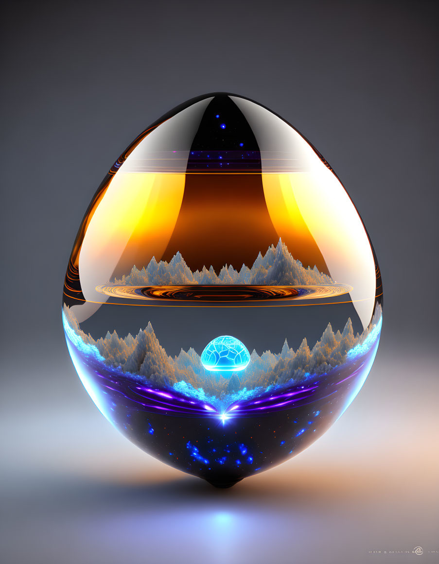 Futuristic landscape reflected on glossy egg-shaped object