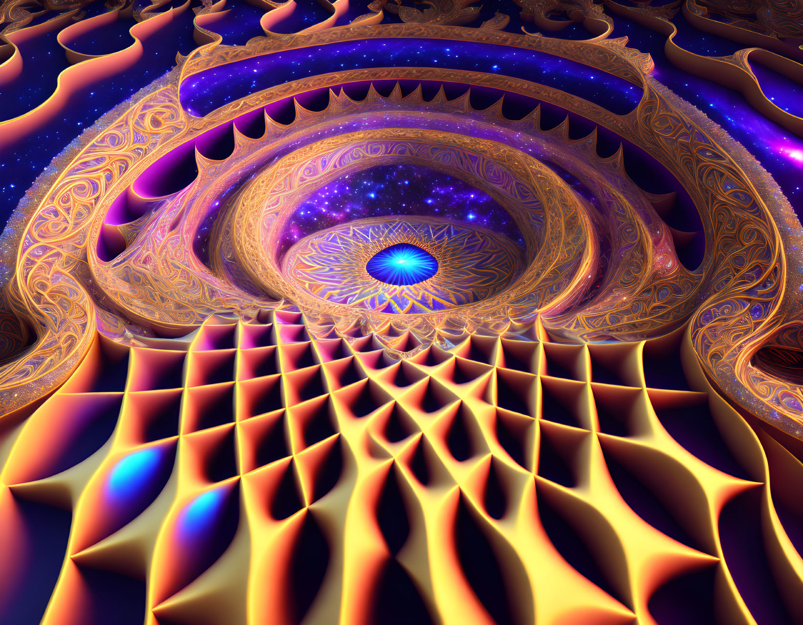 Colorful fractal image: Golden patterns, blue eye, purples, oranges