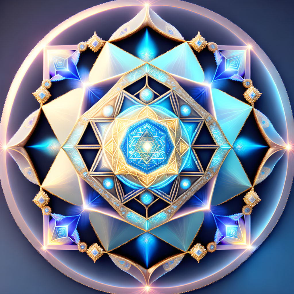 Symmetrical Mandala with Gold and Jewel Embellishments on Blue and White Patterns