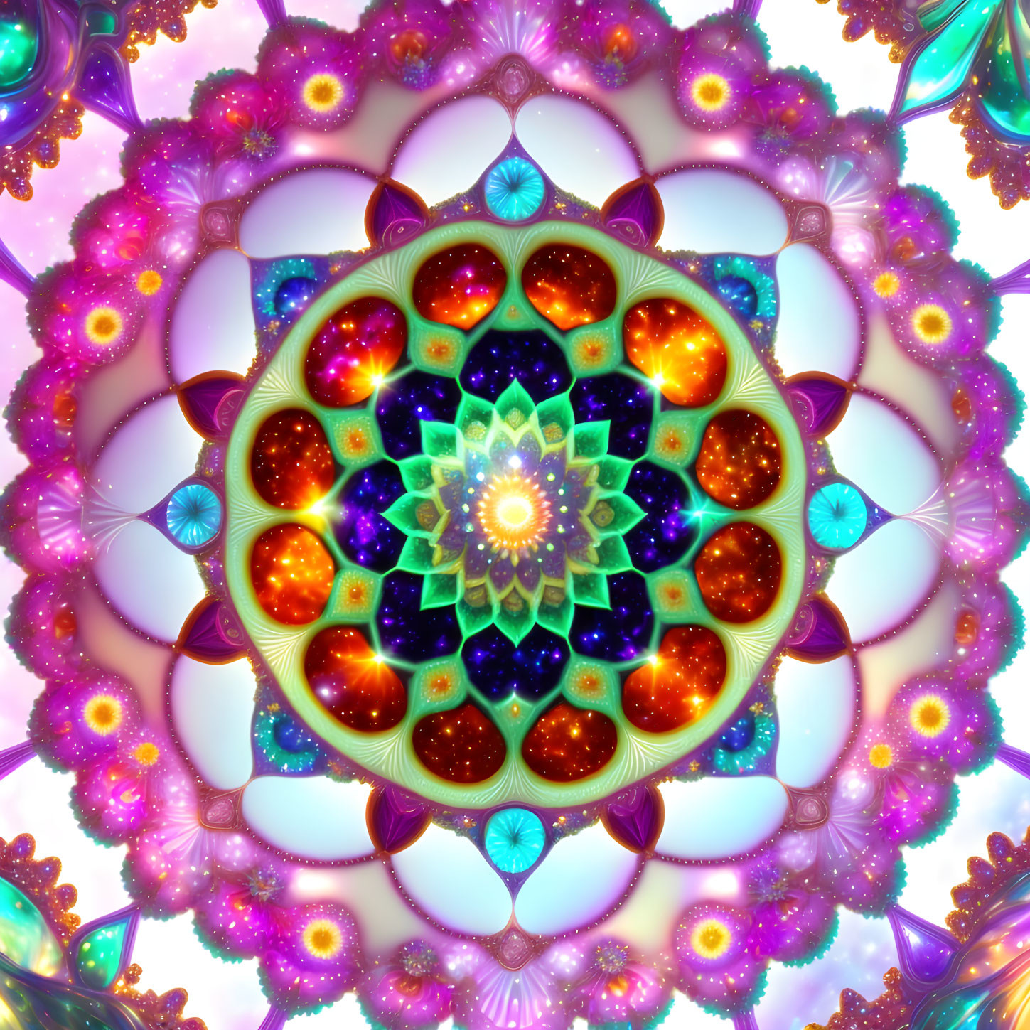 Symmetrical fractal design with kaleidoscopic pattern in purple-orange hues