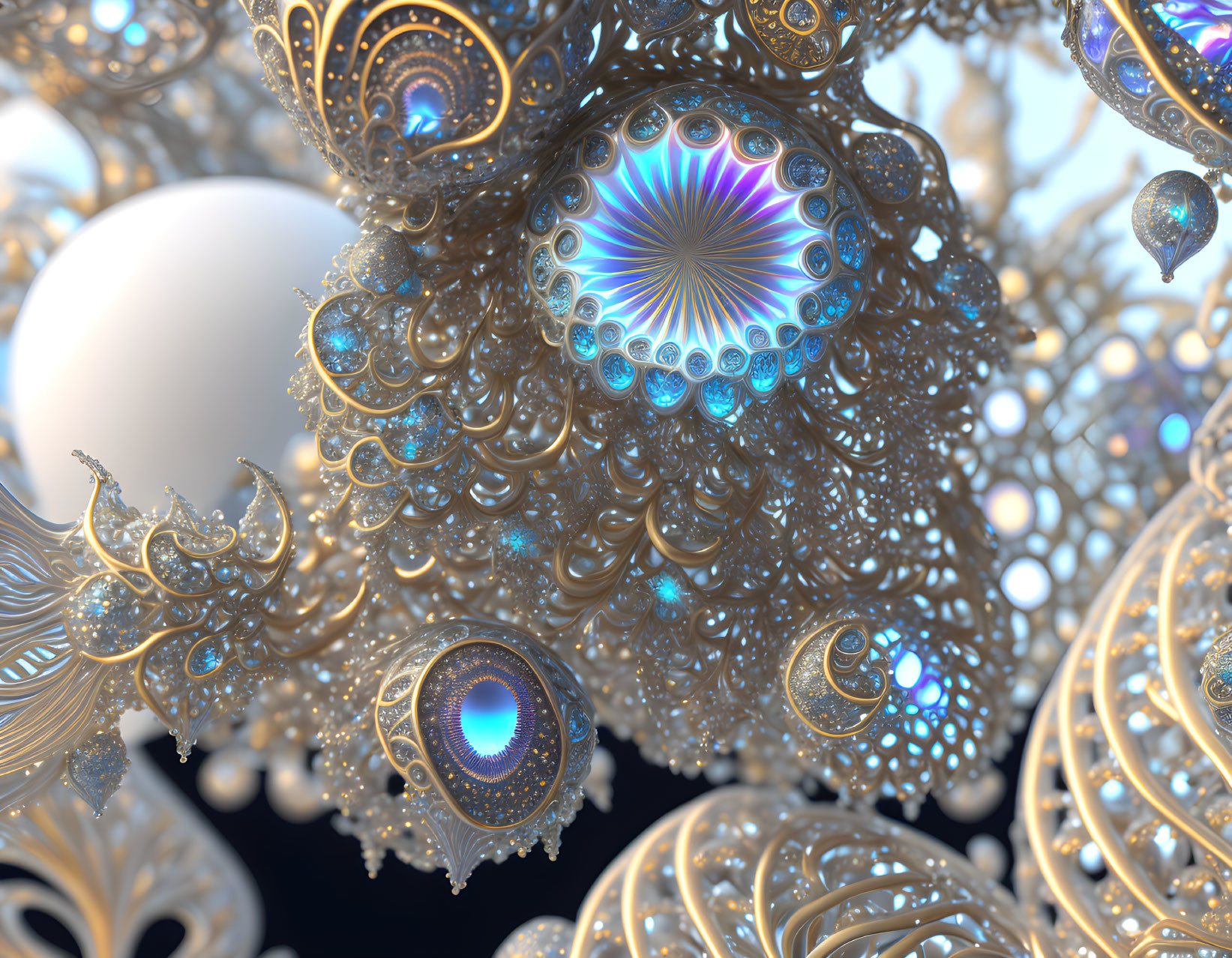 Detailed Fractal Image of Ornate Spherical Structures in Blue and Bronze Tones