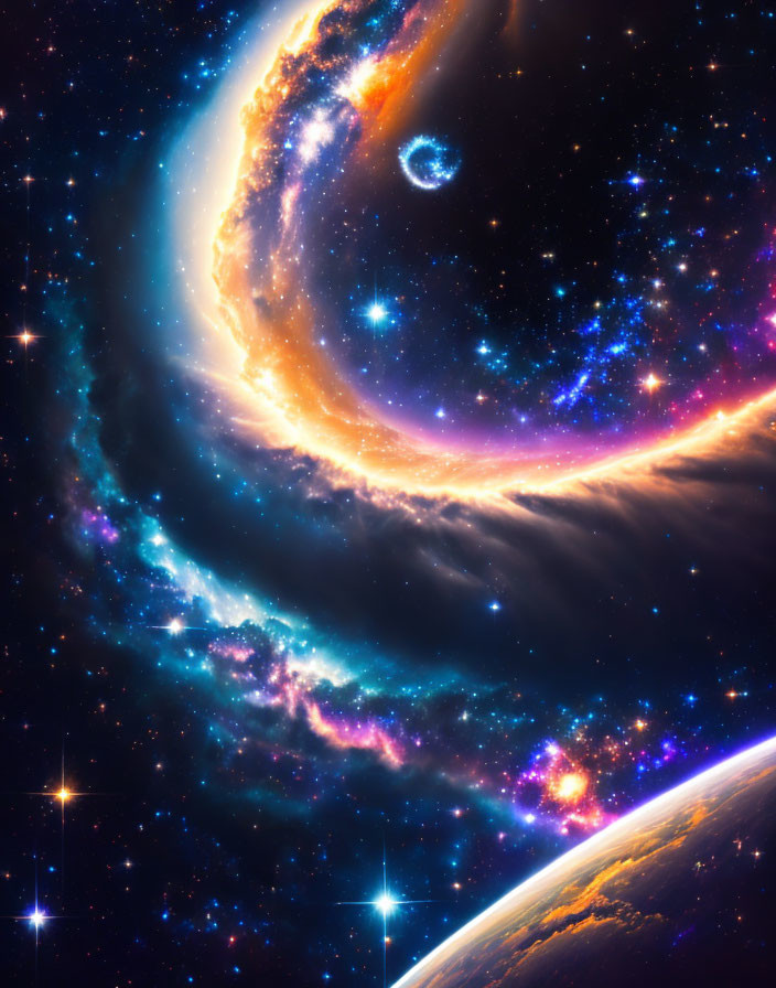 Colorful Cosmic Scene with Galaxy, Stars, and Planet