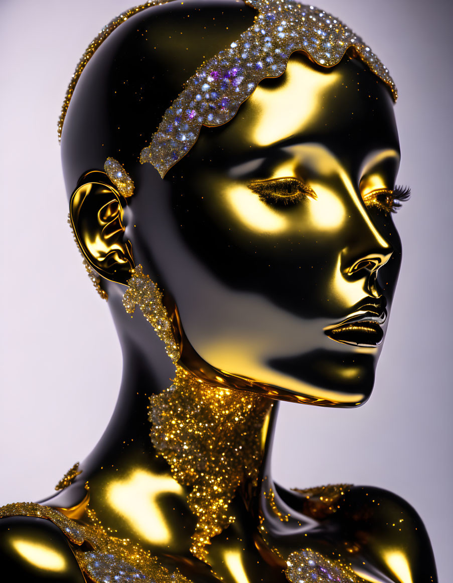 Golden Mannequin Adorned with Sparkles in Close-up Profile View