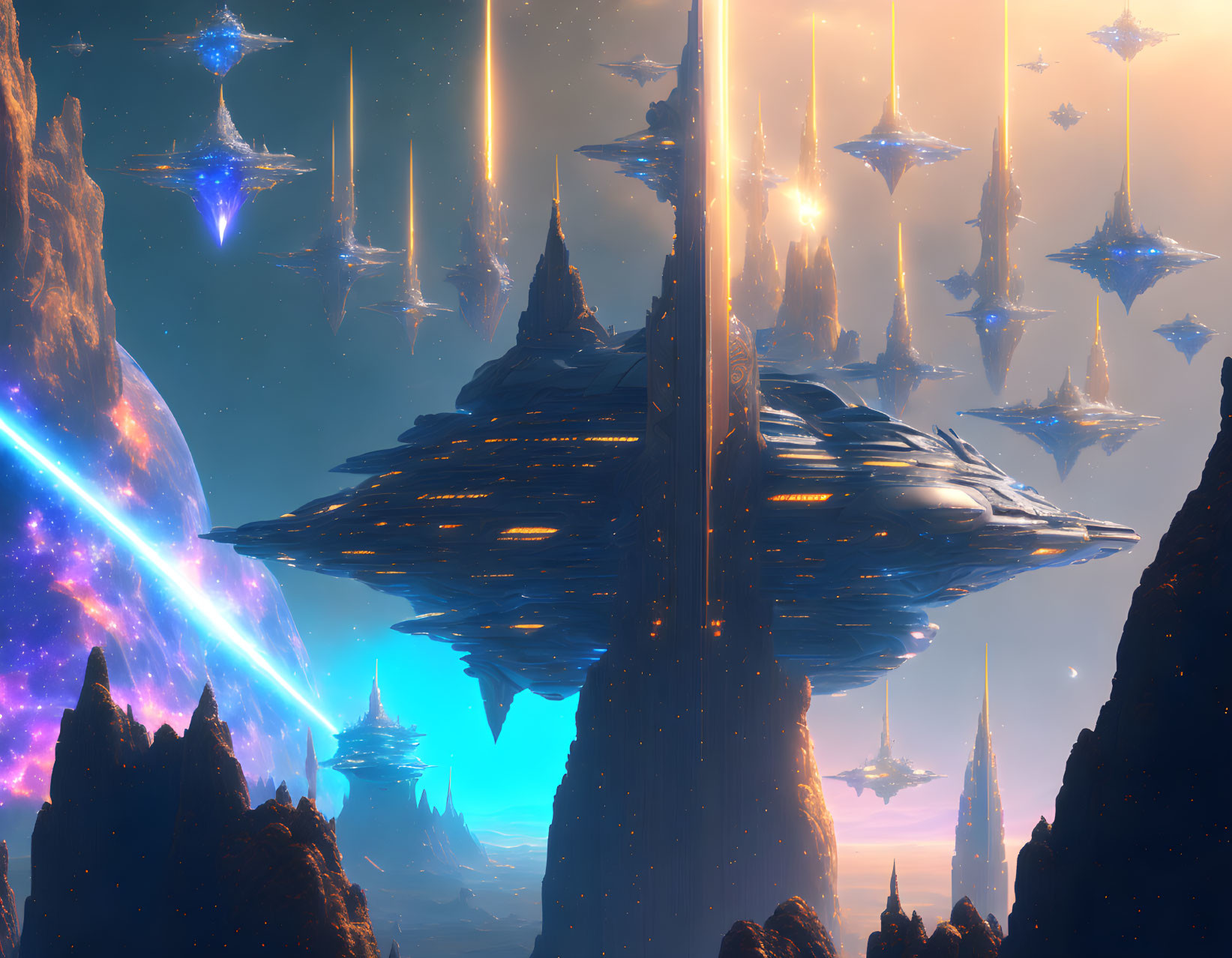 Futuristic spaceships in sci-fi scene with cosmic backdrop