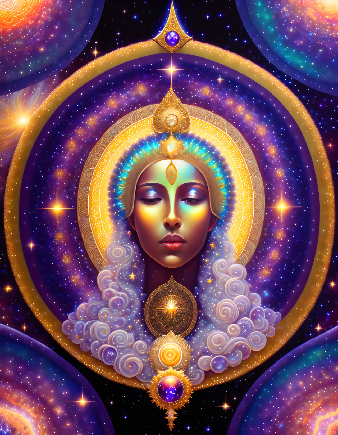 Celestial-themed illustration of serene face with cosmic ornaments and stars.