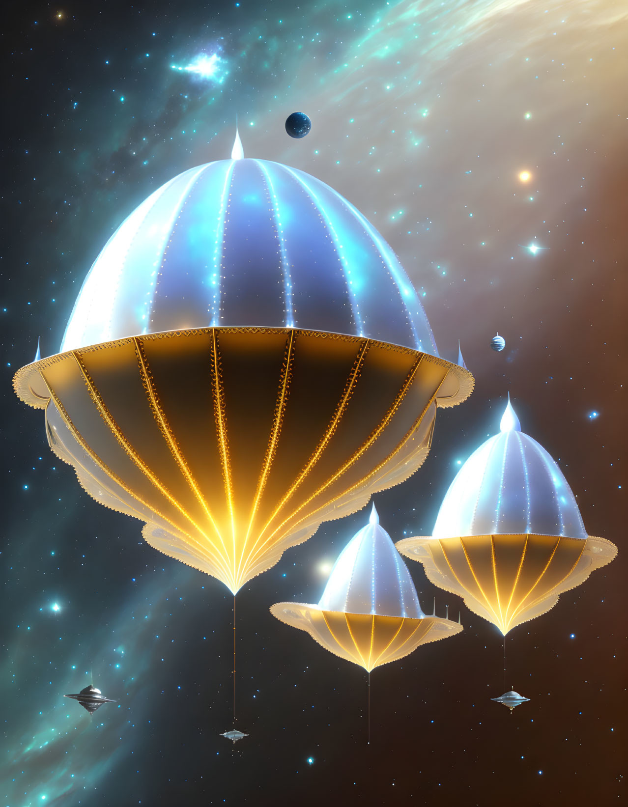 Futuristic jellyfish-like airships in starry space