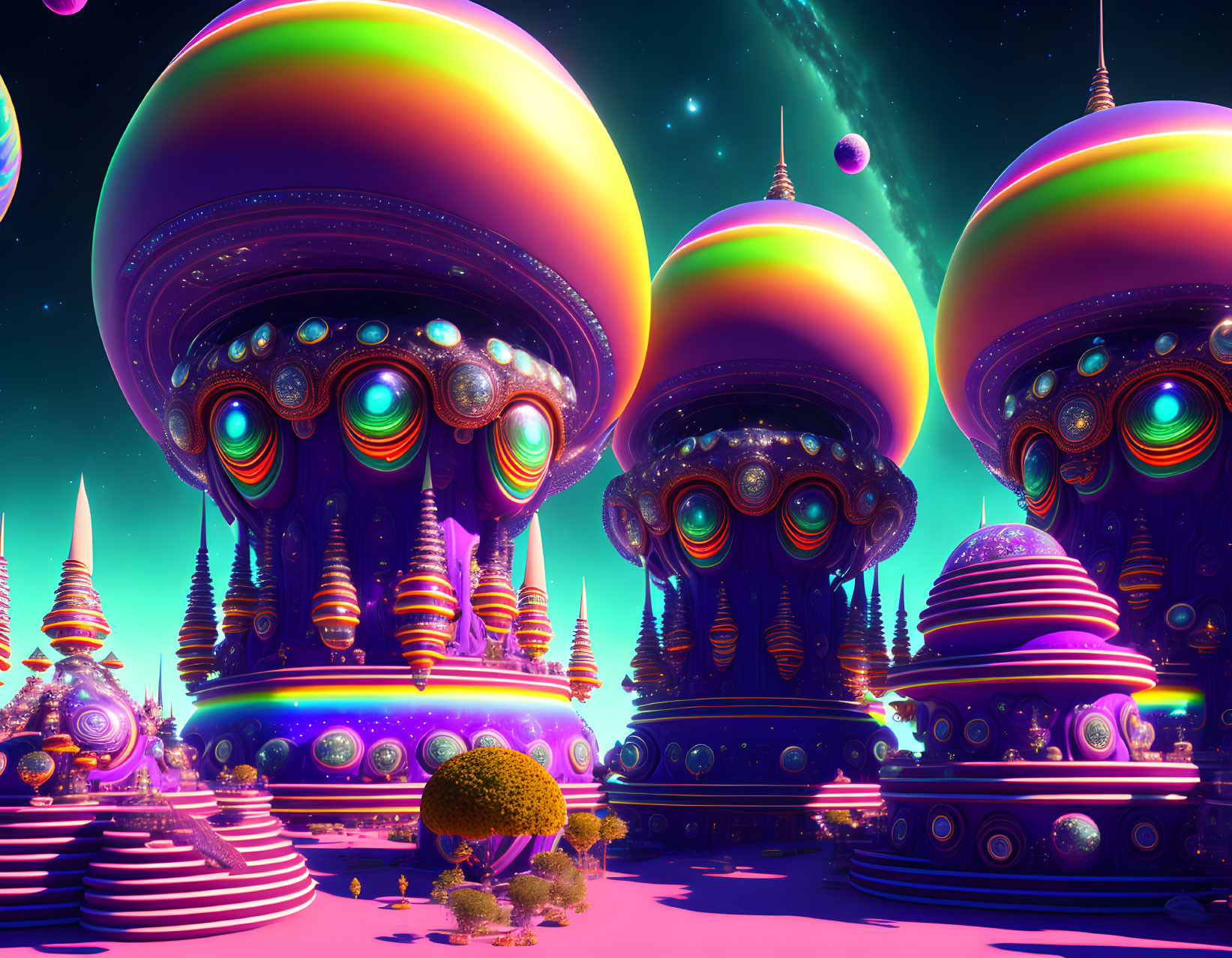 Colorful Alien Landscape with Dome-Shaped Structures Under Starry Sky