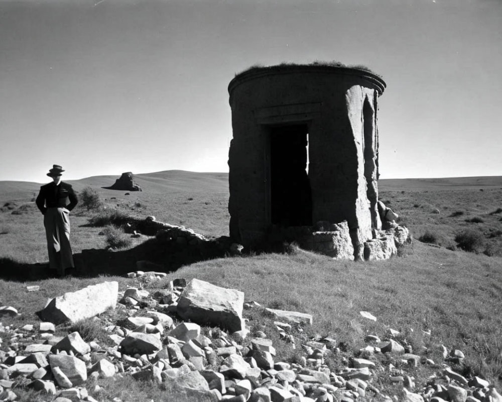 Monochrome image of person by old stone structure in grassy landscape