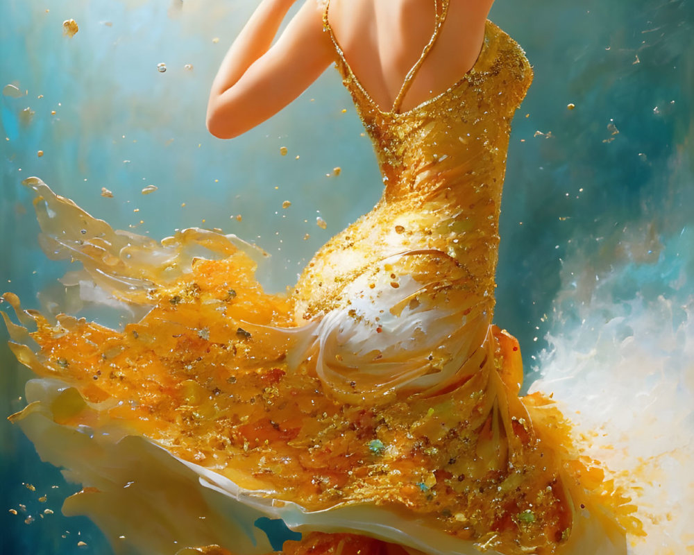 Elegant woman in golden gown dances in dreamy backdrop