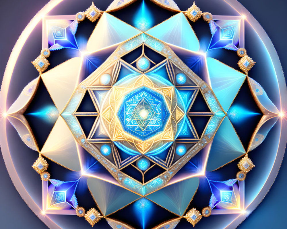 Symmetrical Mandala with Gold and Jewel Embellishments on Blue and White Patterns