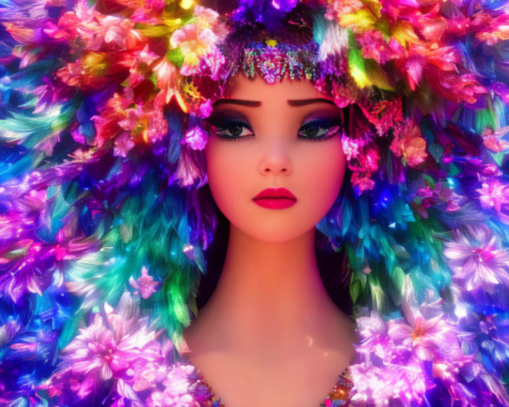 Colorful portrait with floral headpiece and vibrant hair surrounded by flowers