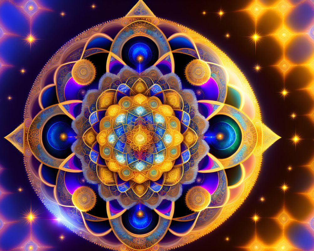 Colorful fractal mandala art with intricate blue, gold, and purple patterns