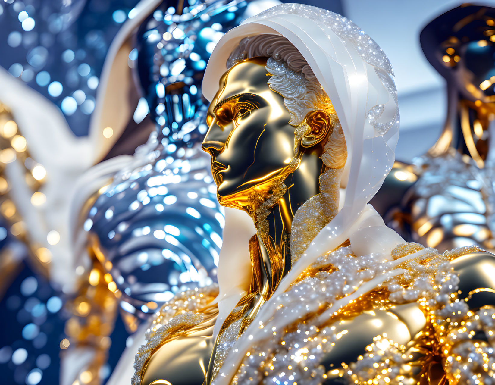 Golden Humanoid Figure Sculpture with Reflective Surfaces and Blurred Metallic Background