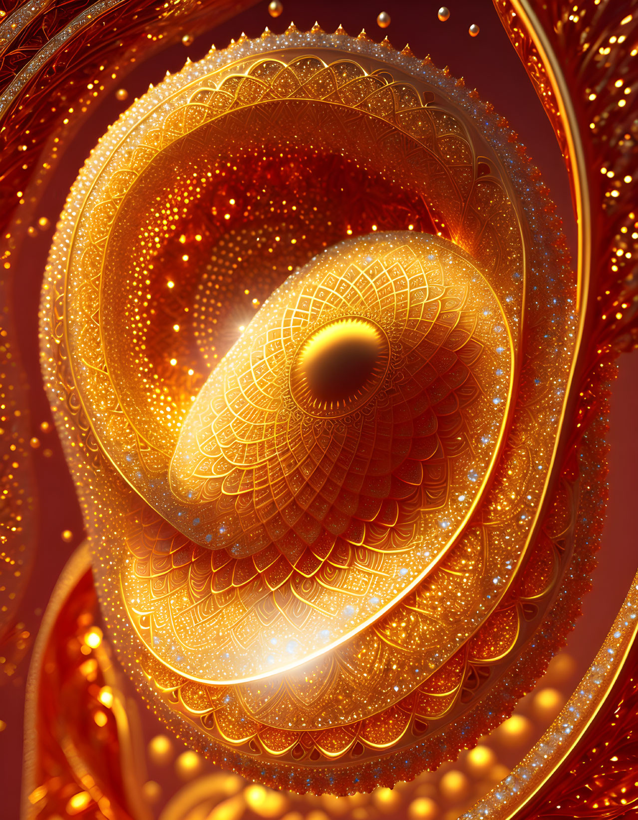 Intricate Golden Fractal Spiral with Ornate Patterns
