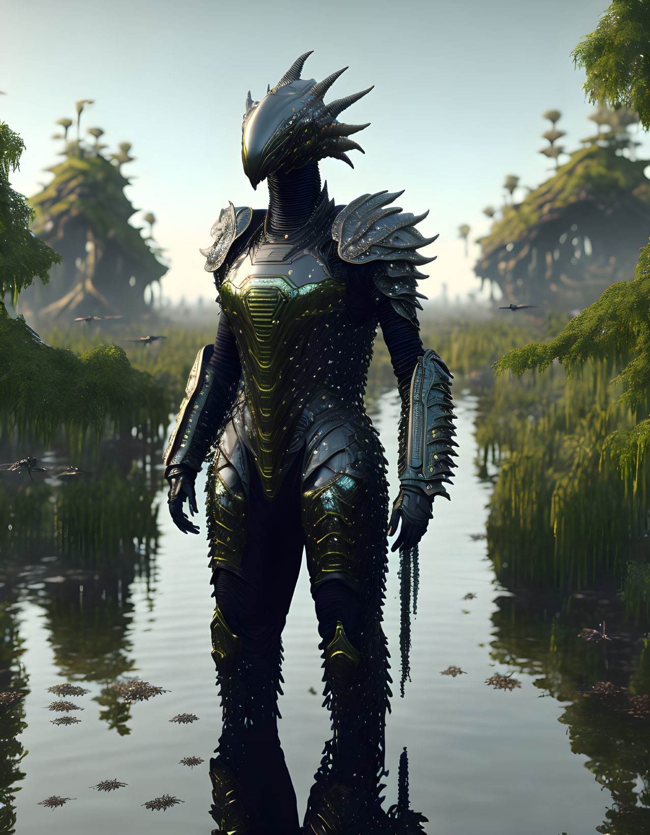 Dragon-inspired Armored Humanoid Figure in Marsh with Reflective Water