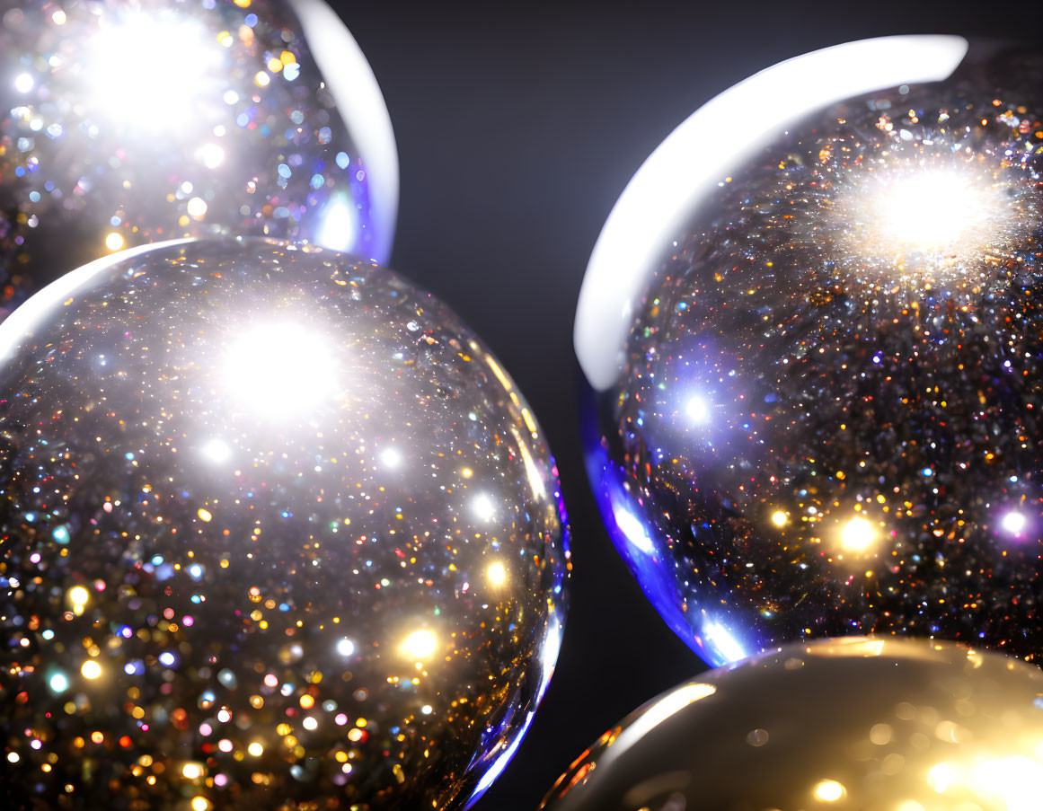 Glittering globes with sparkling lights on dark background