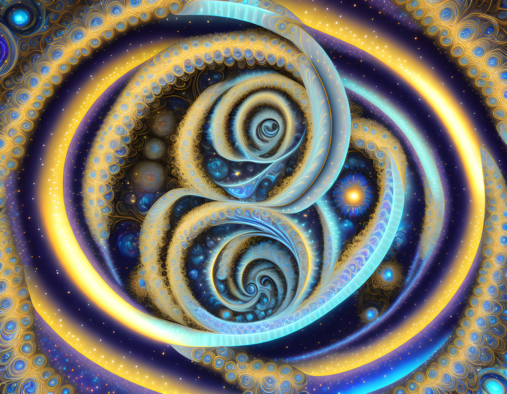 Abstract Blue and Gold Fractal Art with Swirling Patterns