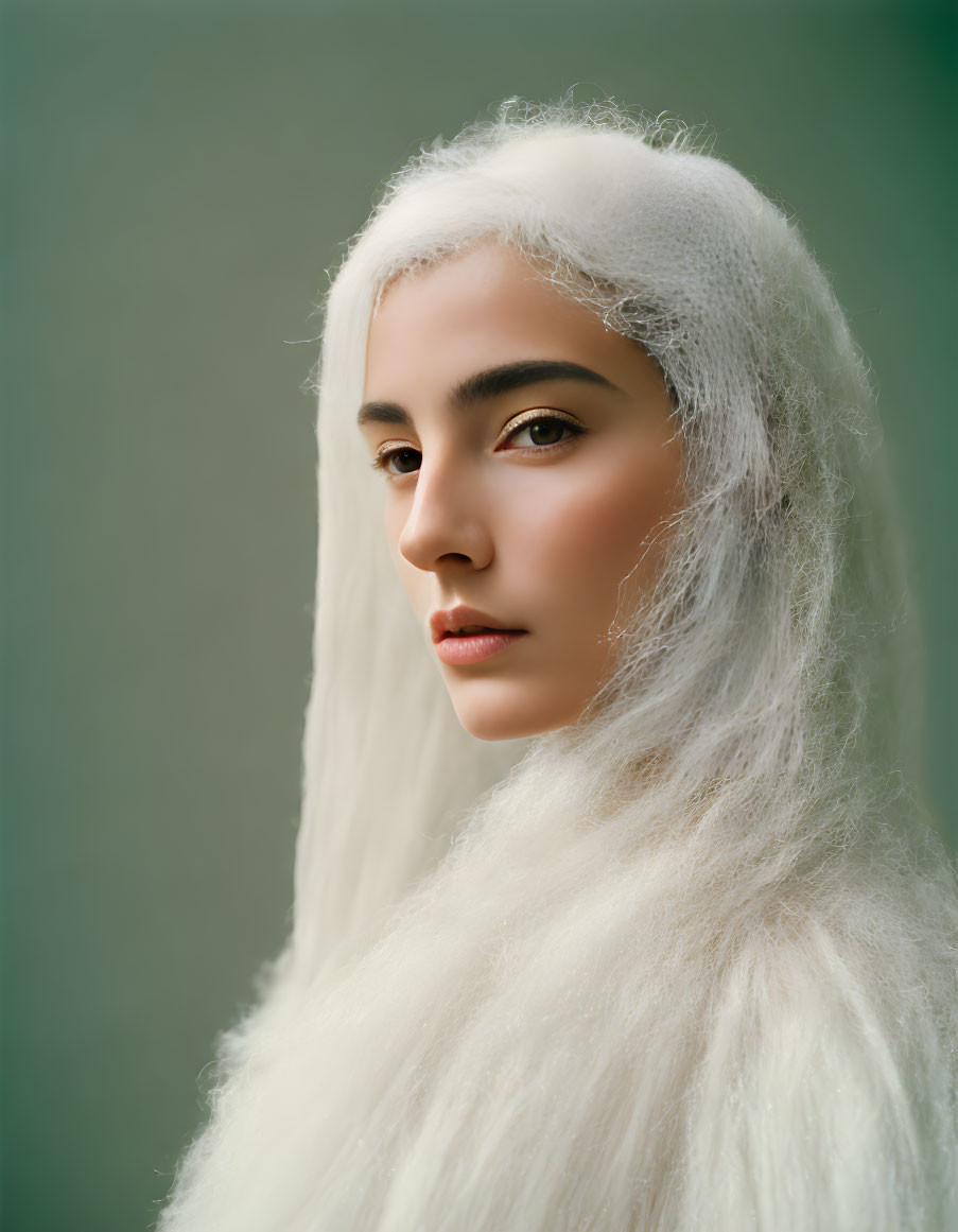 Striking White Hair Portrait Against Green Background
