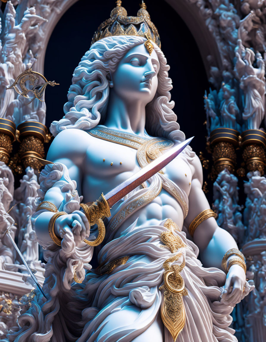 Regal female figure in white and gold with sword, surrounded by detailed sculptural figures