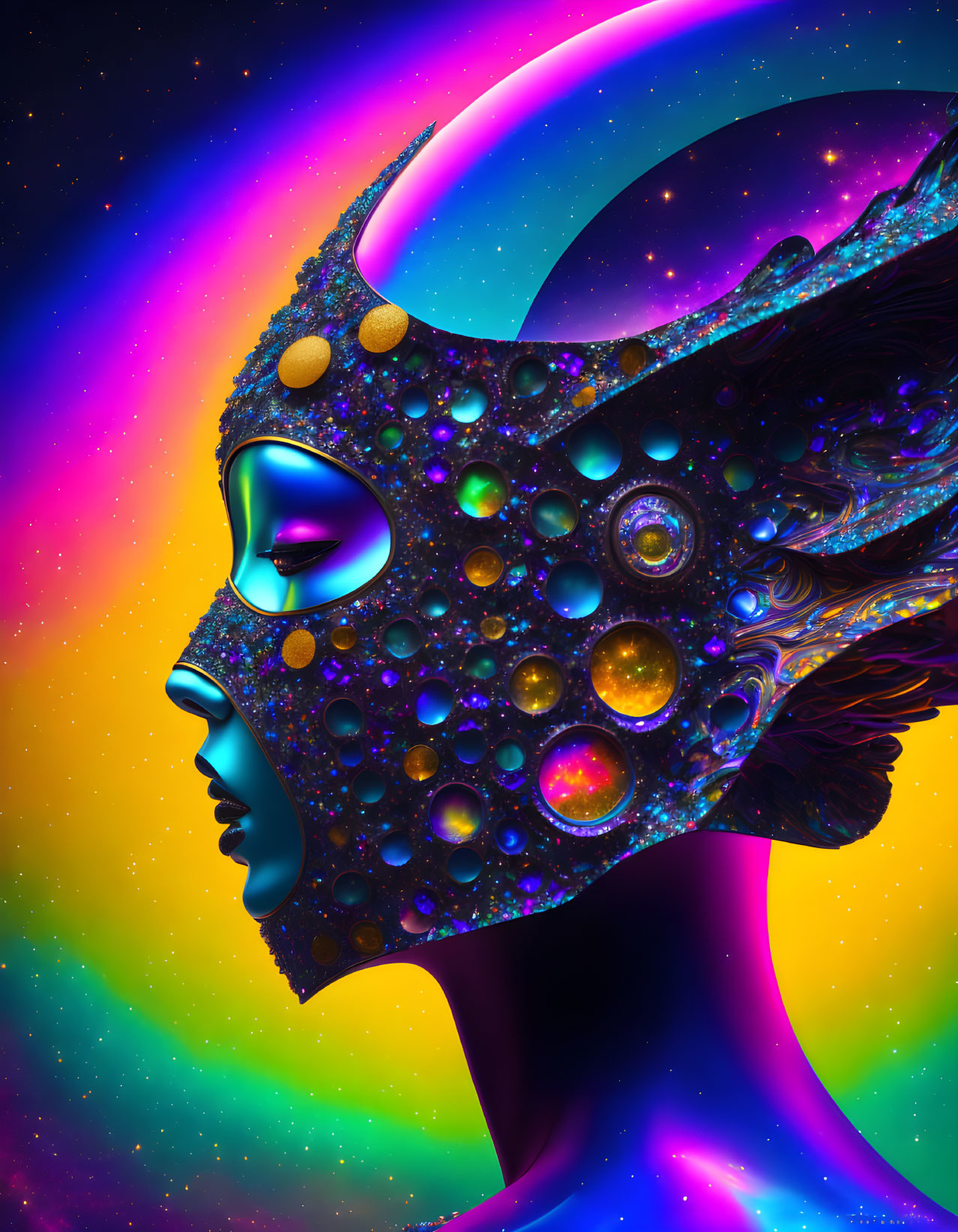 Colorful cosmic digital artwork with figure in celestial mask.