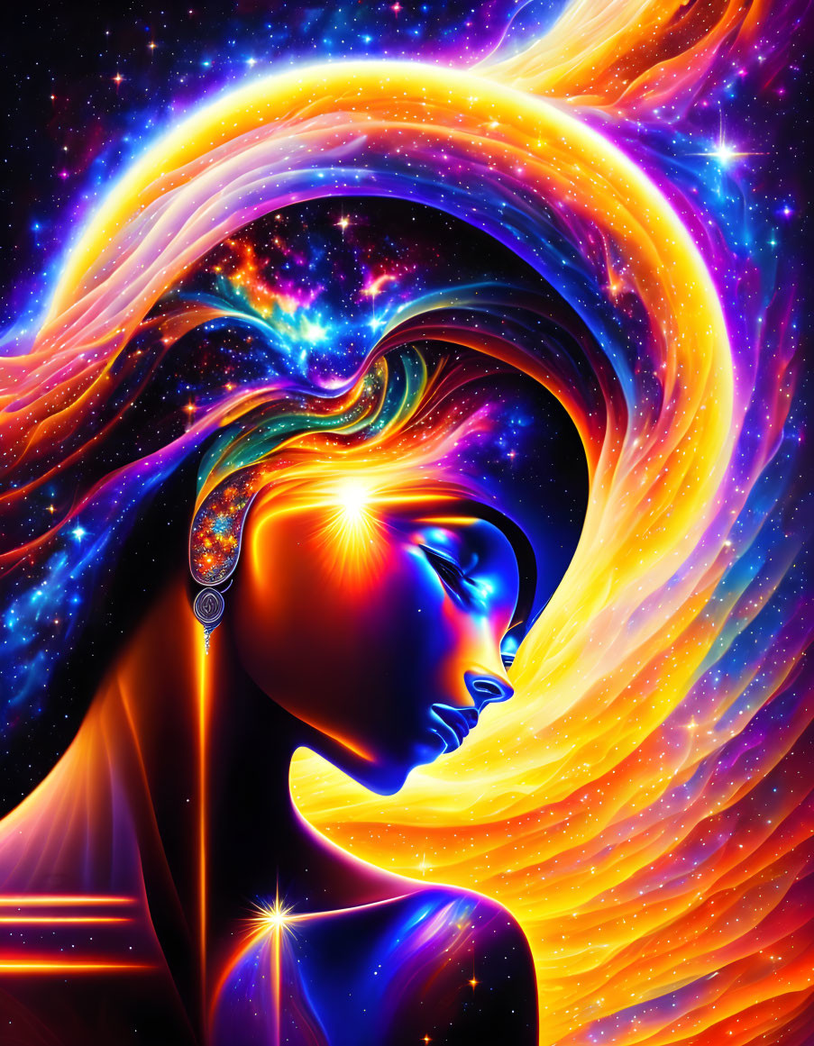 Colorful digital artwork: silhouette profile with cosmic elements