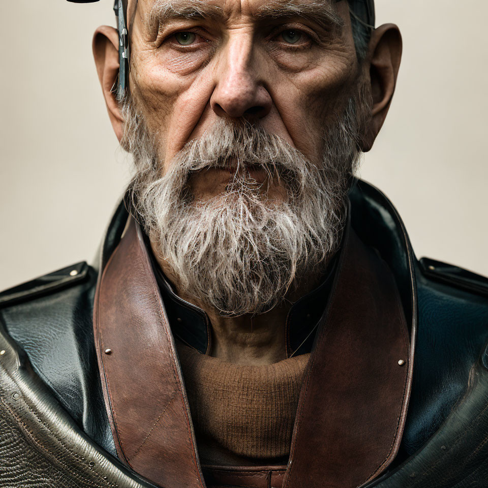 Intense older man with graying beard in leather jacket portrait