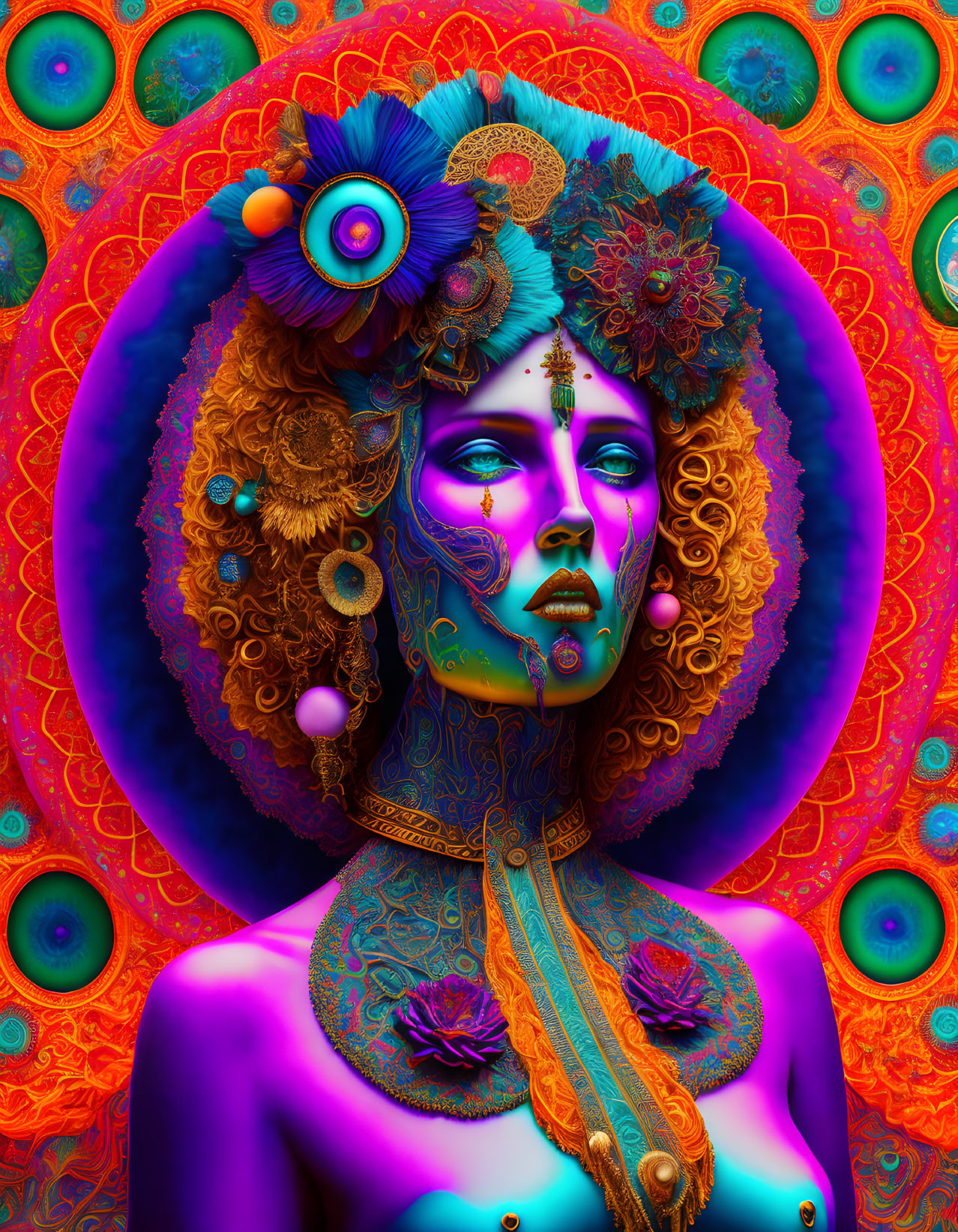 Colorful Woman Portrait with Peacock Motif in Blue and Orange Tones