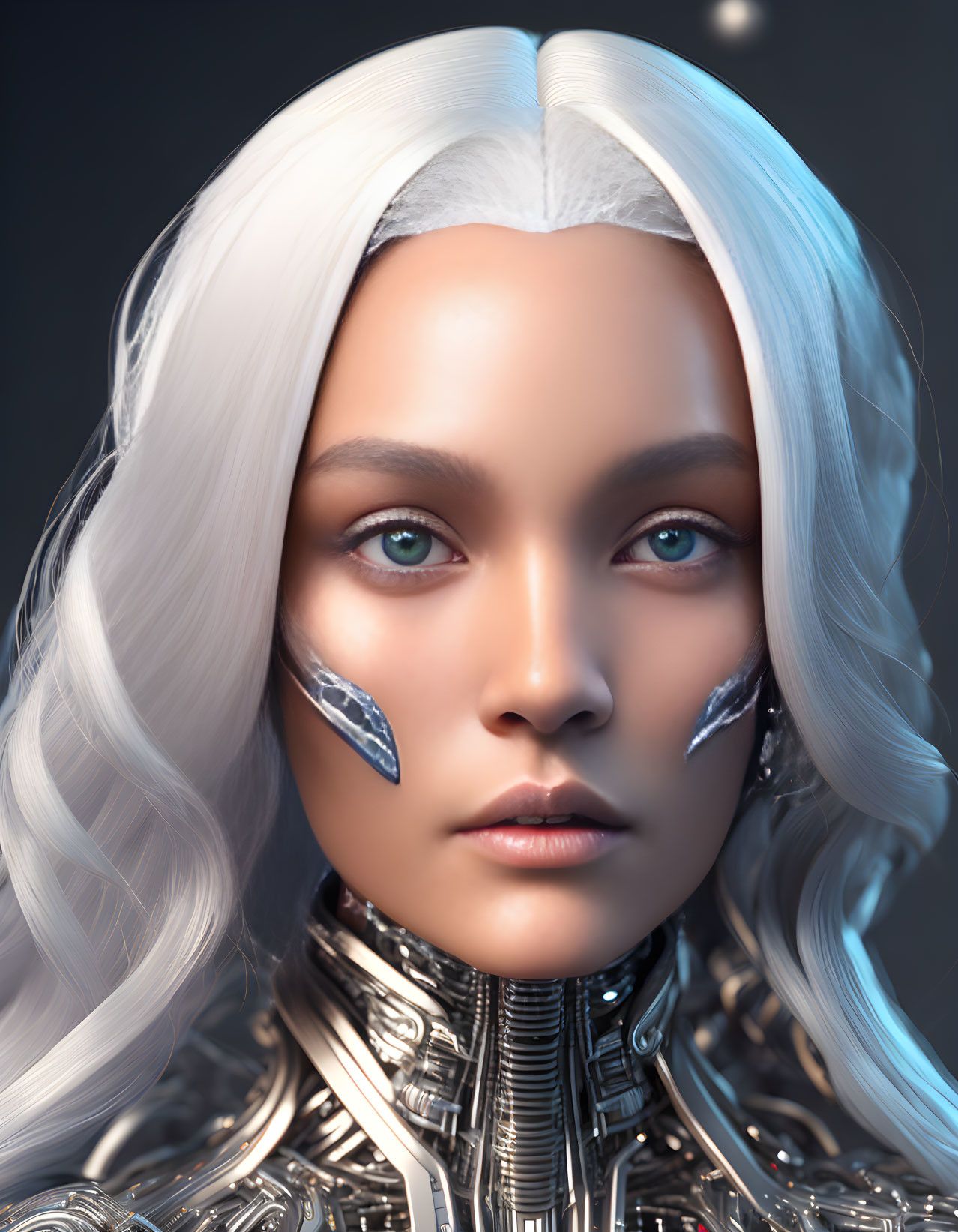 Digital portrait of female figure with blue eyes, white hair, and futuristic silver adornments