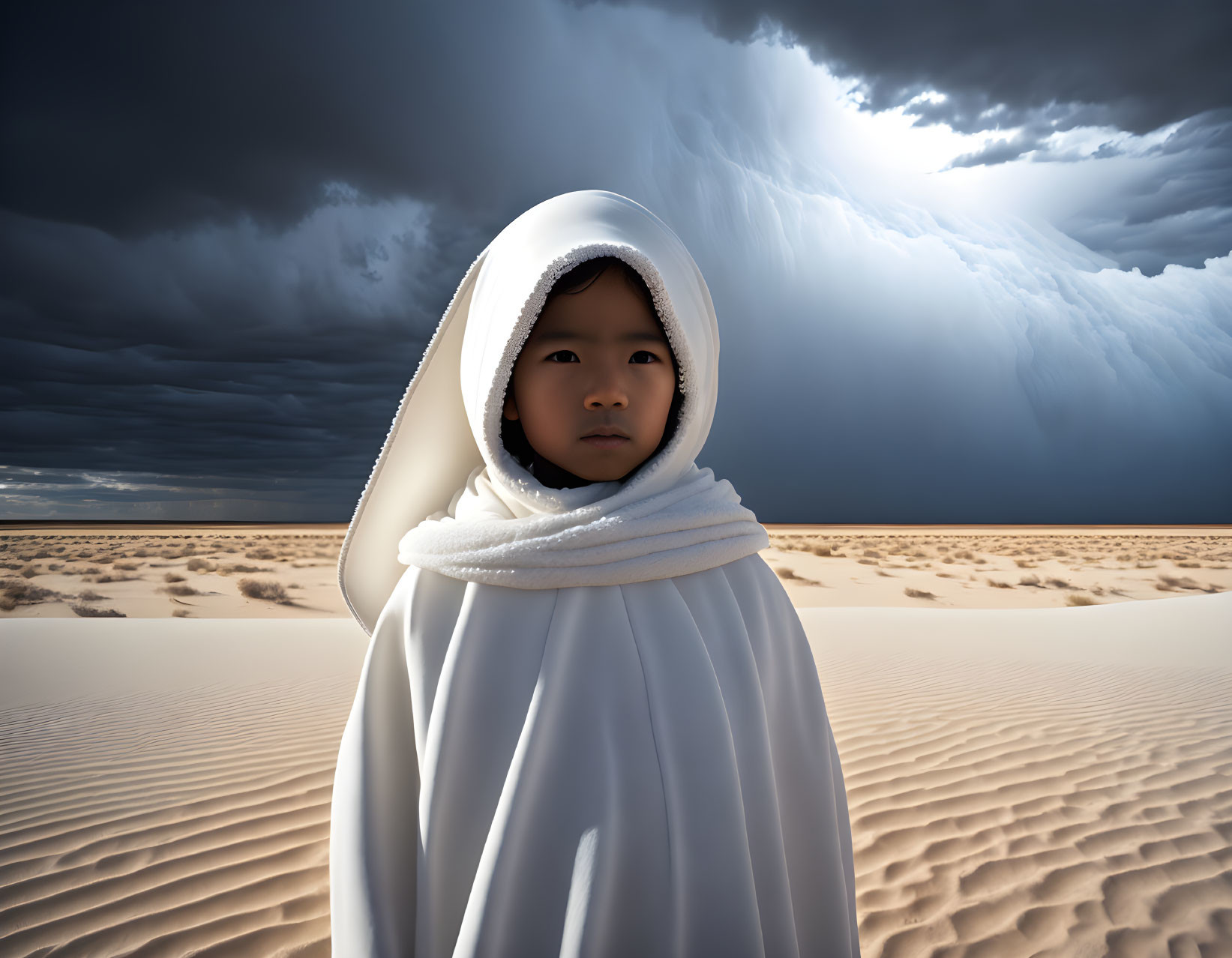 Child in white cloak standing in desert under stormy clouds