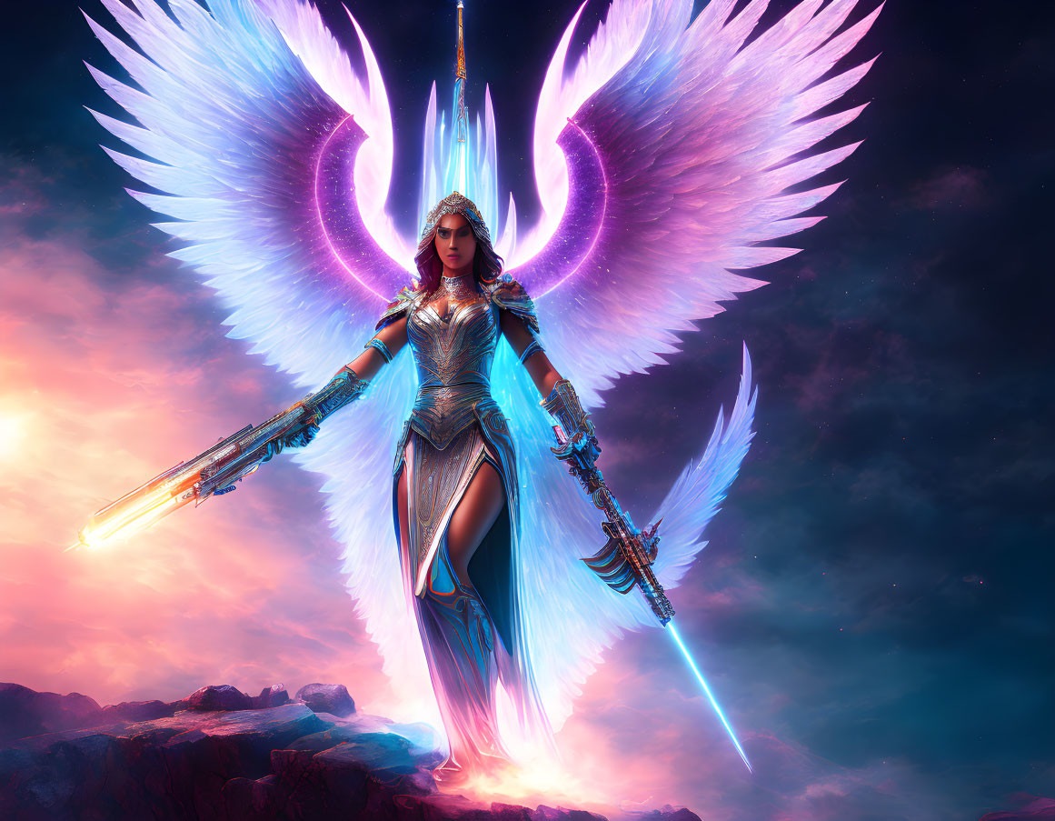 Female warrior with luminous wings wields glowing swords at twilight