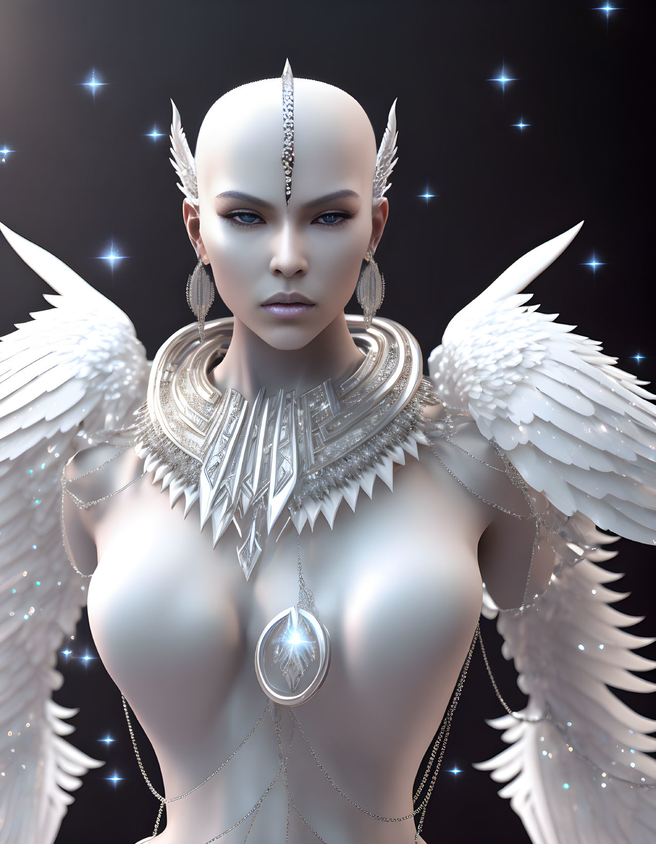 Ethereal figure in silver armor with angelic wings on starry backdrop