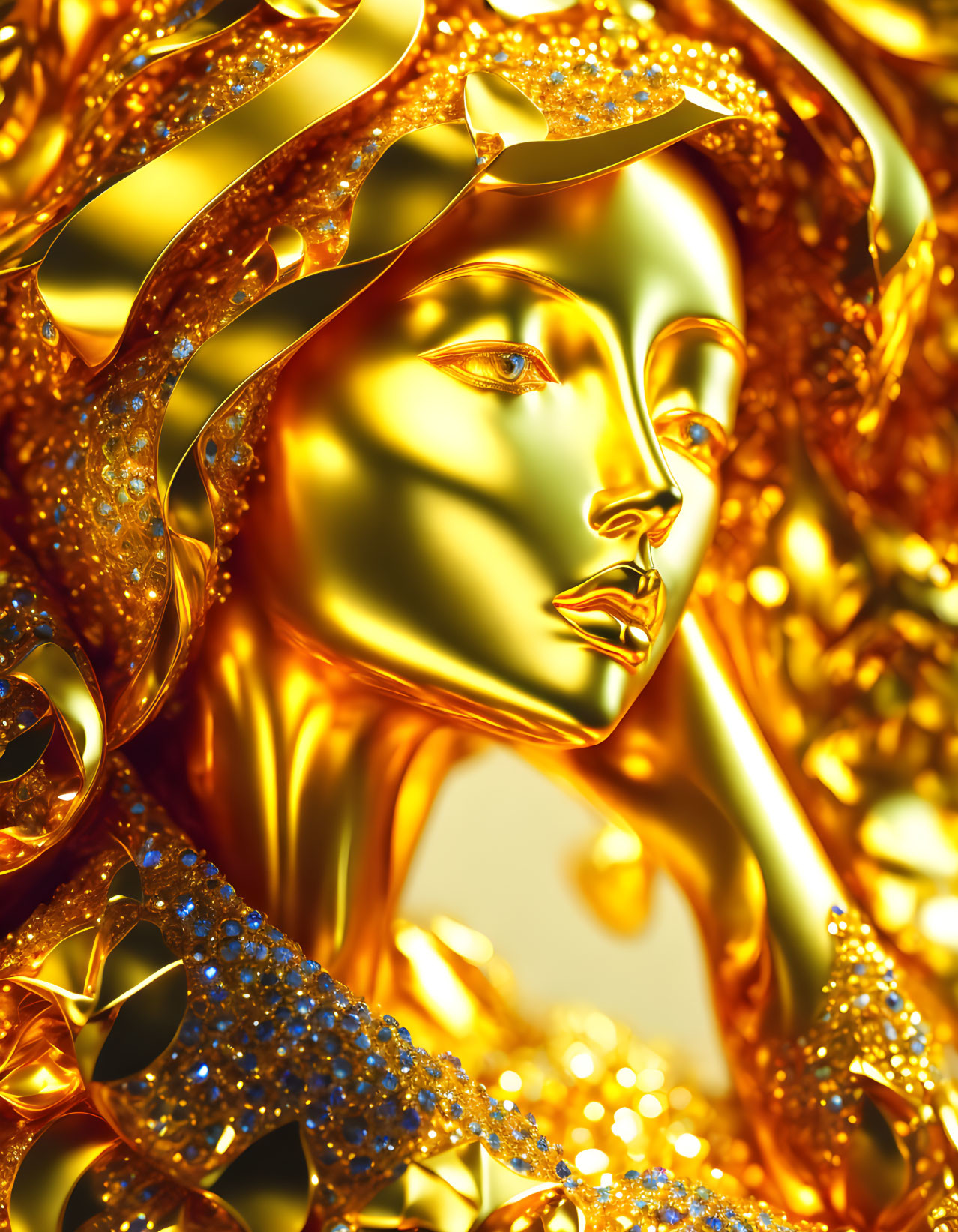 Luxurious golden metallic woman's face with intricate textures and sparkling adornments