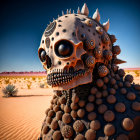 Metallic skull with gears and spikes in surreal desert setting