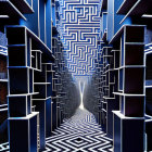 Maze-Patterned Hallway with Blue Neon Lights and White Doorway
