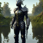 Dragon-inspired Armored Humanoid Figure in Marsh with Reflective Water