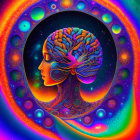 Colorful Human Profile with Tree Brain in Cosmic Background