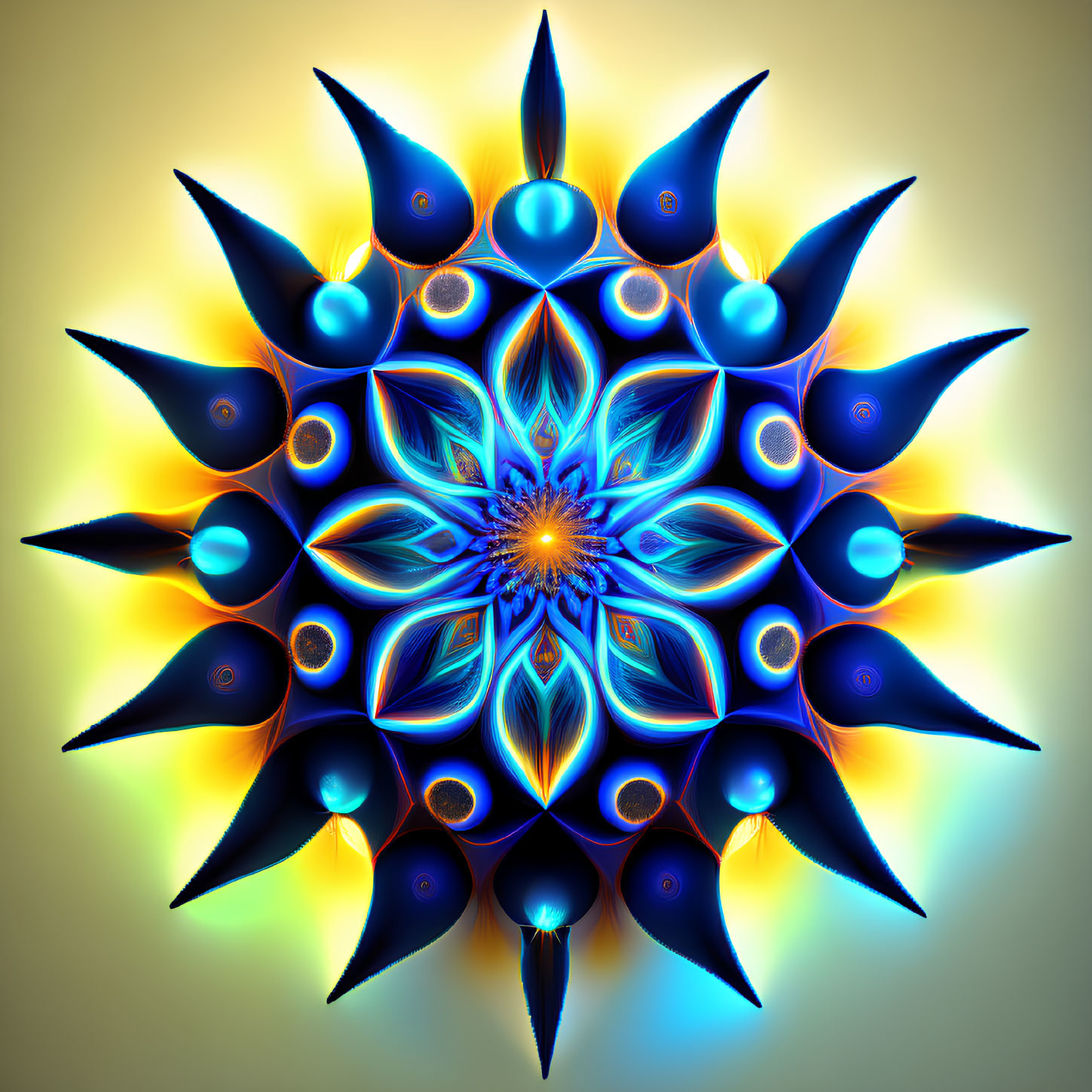 Symmetrical blue and yellow fractal with star-like patterns