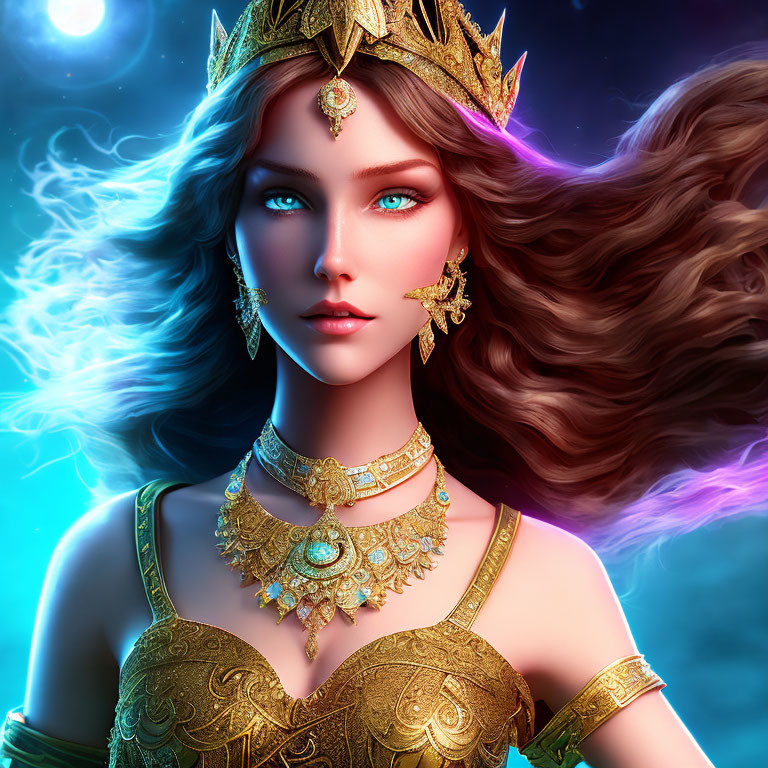 Fantasy queen digital artwork with golden crown and flowing hair