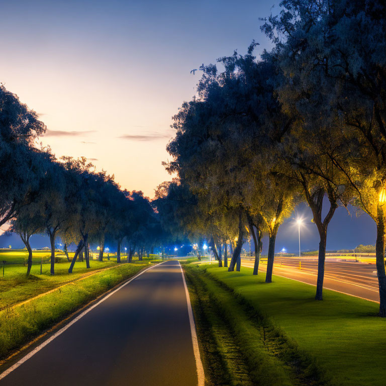 Curved pathway with illuminated trees at twilight beside a road with streaks of light