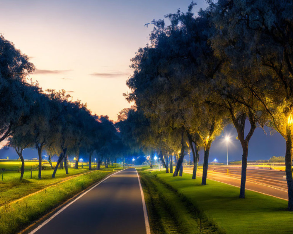 Curved pathway with illuminated trees at twilight beside a road with streaks of light